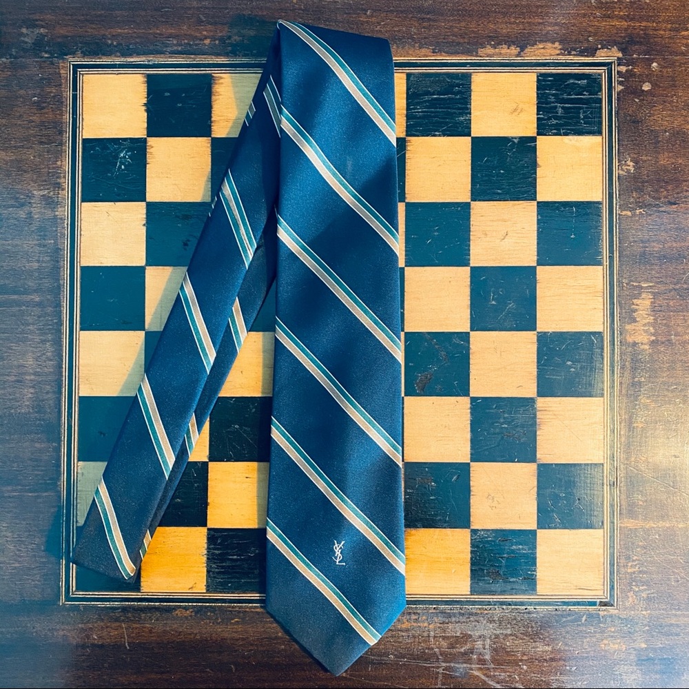 Yves Saint Laurent Blue Stripe Mens Tie - Picture 2 of 6
